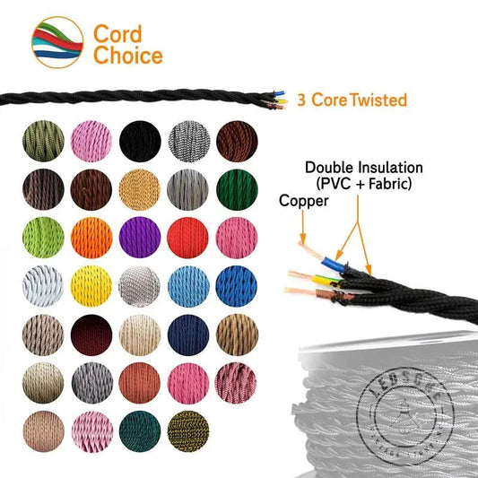 3.28/16.40/32.81 ft 3 Core Fabric Cable Twisted 0.75mm Gold