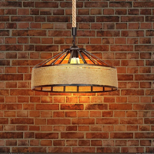 11.41" Farmhouse Hemp Rope Metal Basket Pendant Light ~1062