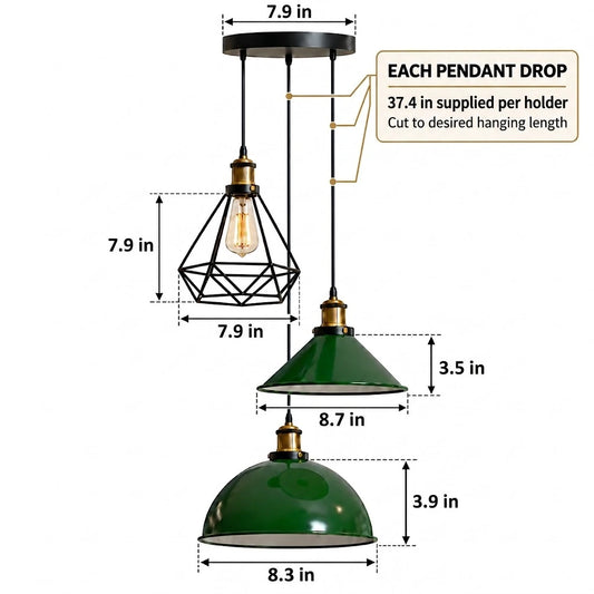 3-Light Pendant Cluster - Industrial Mixed Shade