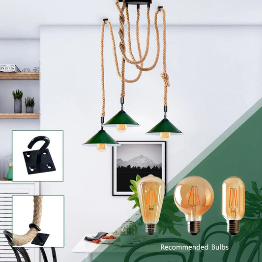 Industrial vintage Retro 3 Head Hemp  Spider Chandelier  Cone Green colour shade E27 Uk Holder