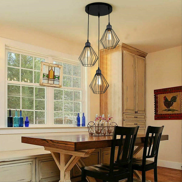 Black Industrial 3-Light Wire Cage Pendant Fixture ~1144