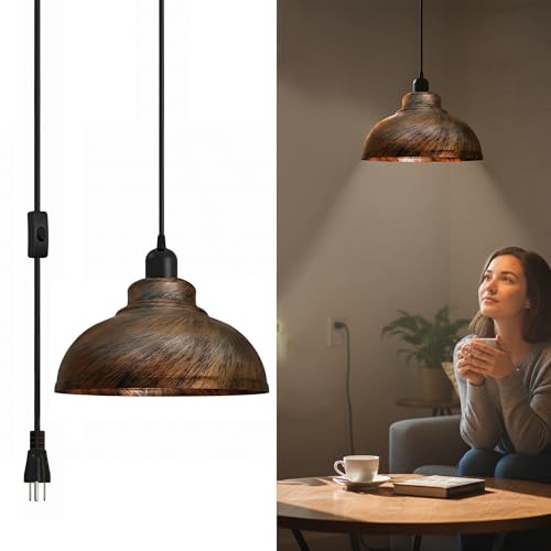 Adjustable metal plug-in pendant light with on off switch, compact dome shade