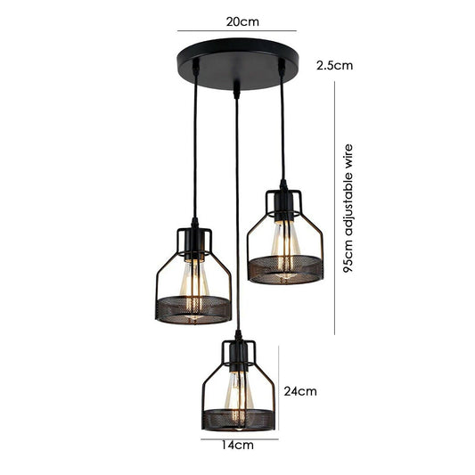 3 Light Cluster Pendant Black Metal Cage Multi-Light Ceiling Light ~1221
