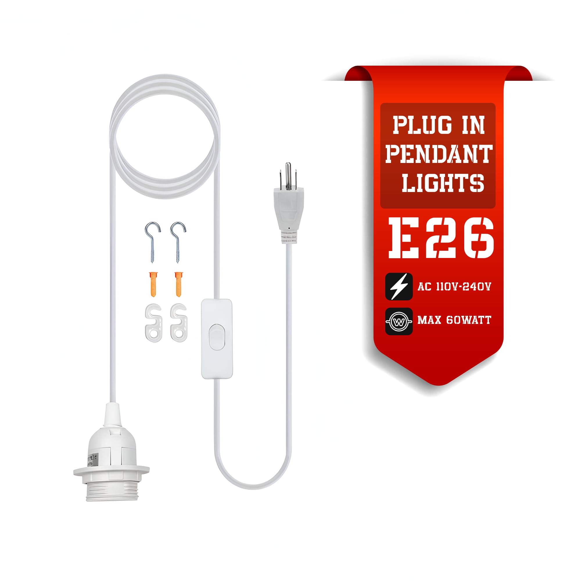 Plug-in pendant light cord with switch, no hardwiring needed