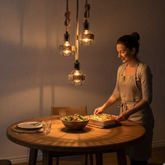 Lámpara colgante industrial de 3 luces con jaula de alambre y cuerda de cáñamo