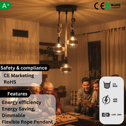 Lámpara colgante industrial de 3 luces con jaula de alambre y cuerda de cáñamo