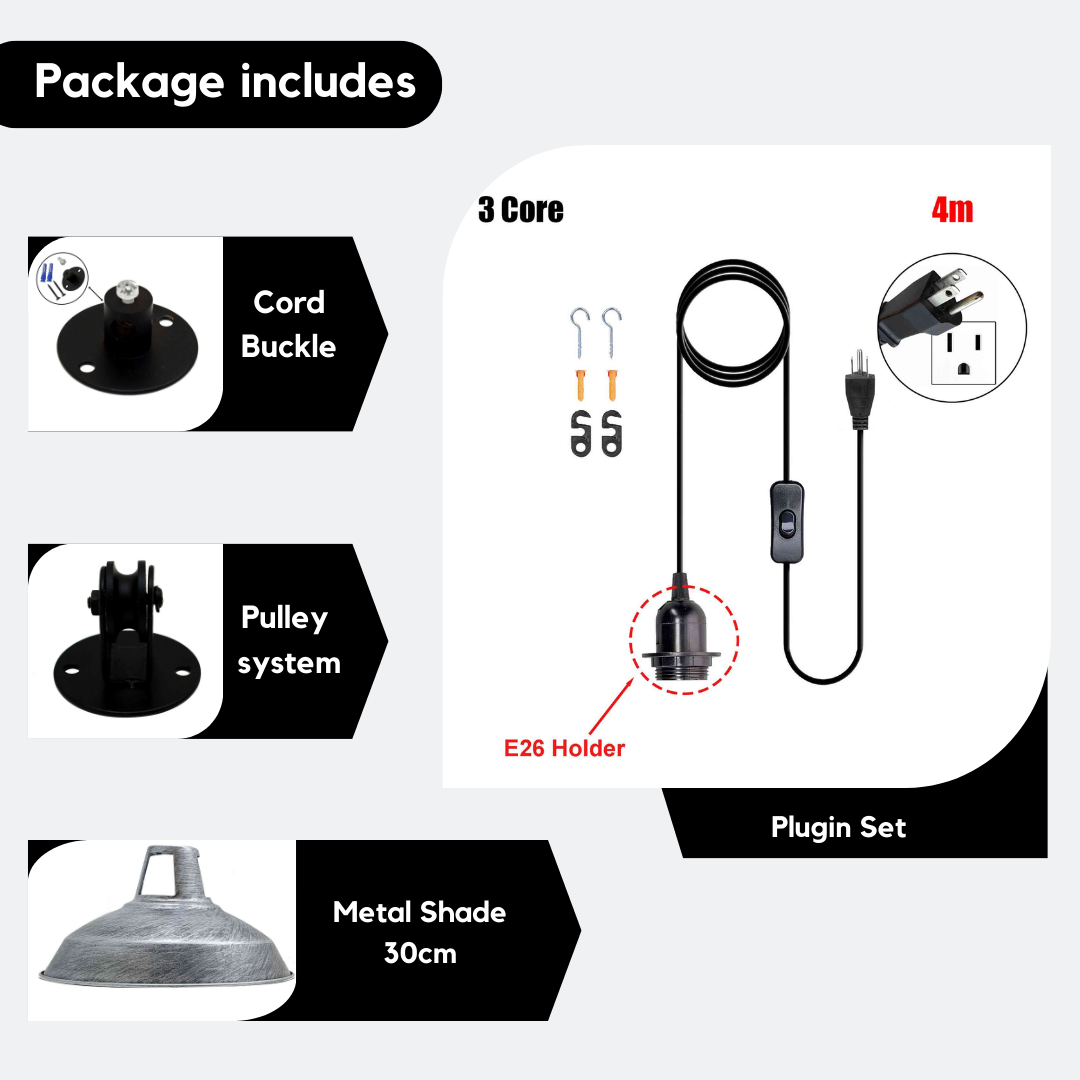Product package contents including cord buckle, pulley system, metal shade, and plug set on a white background.