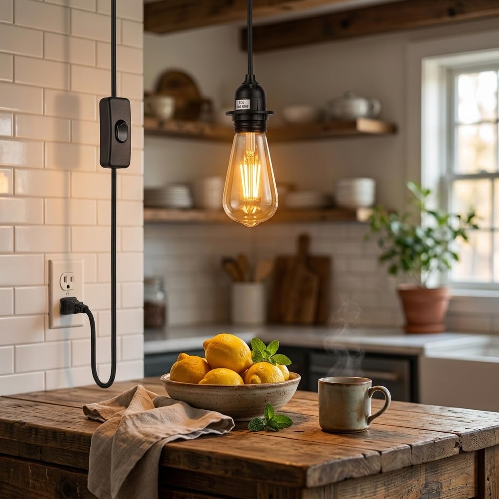 A rustic black pendant light with a clear glass filament bulb hanging over a wooden kitchen island. 