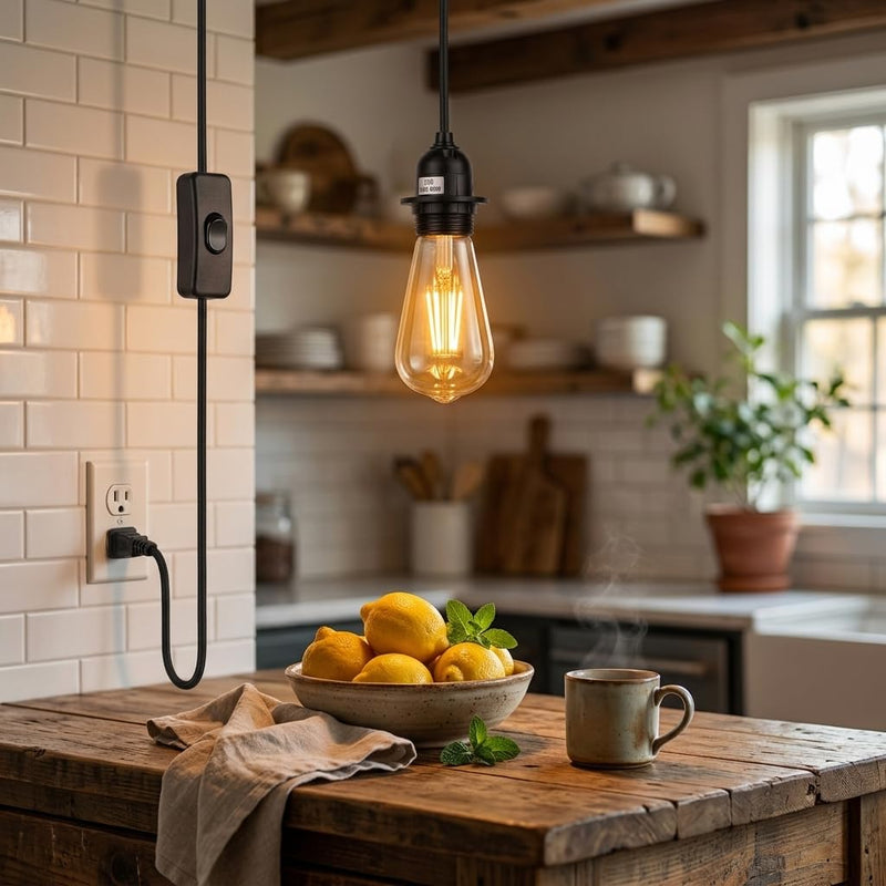 Rustic industrial black plug-in pendant light with Edison bulb over a kitchen island