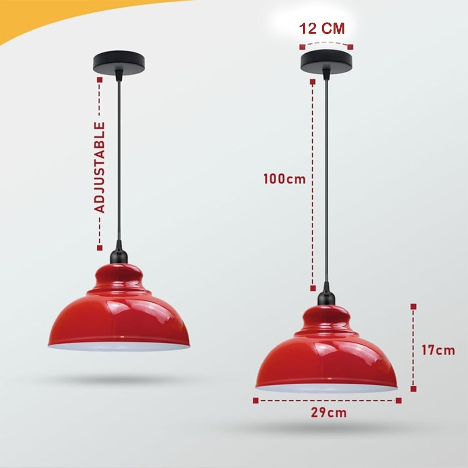 Metal dome pendant light color options, orange and red