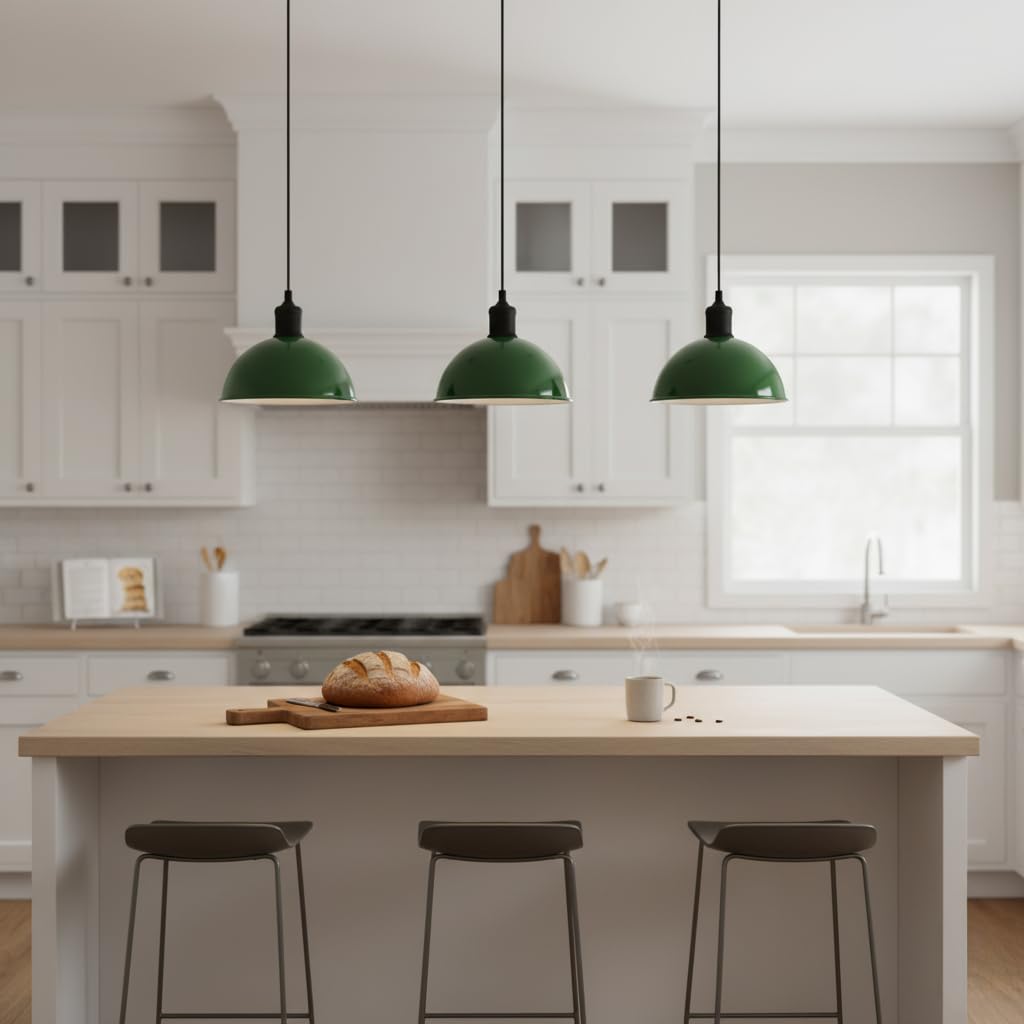 Three-light black metal pendant fixture over a kitchen island with adjustable cords