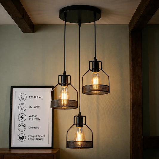 3 Light Cluster Pendant Black Metal Cage Multi-Light Ceiling Light