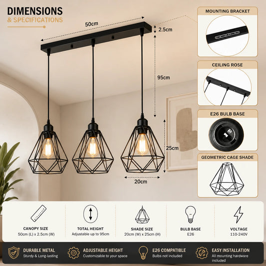  GEOMETRY 3-Light Geometric Black Metal Hanging Ceiling Fixture ~1186