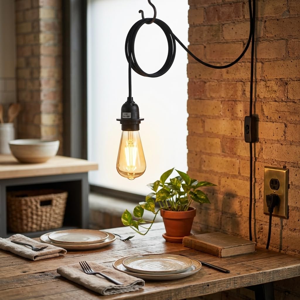 A rustic industrial-style pendant light with a black cord