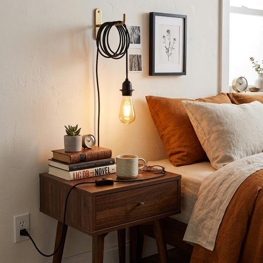 A wall-mounted Edison bulb nightstand lamp with a coiled black cord, shown lit in a cozy bedroom 