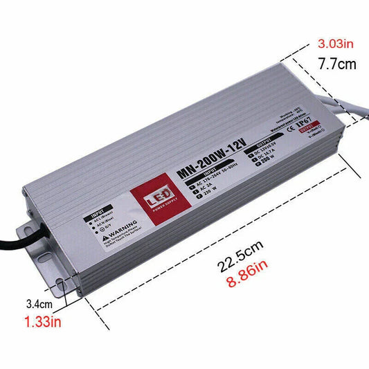 200W LED Driver 16.7A Slim 12V DC IP67 Waterproof Power Supply ~1081
